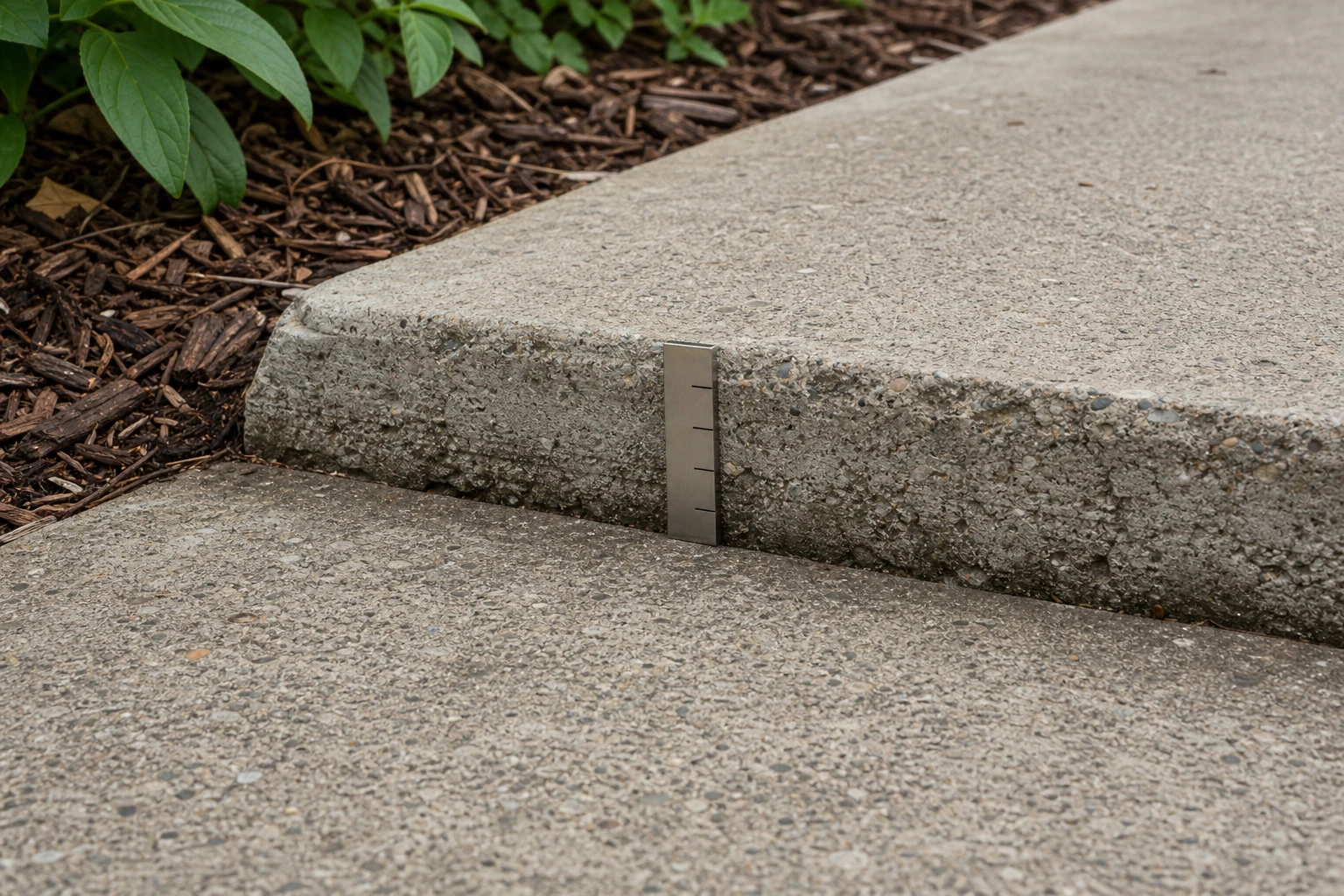 Illustrative settled slab edge with an unnumbered vertical gauge